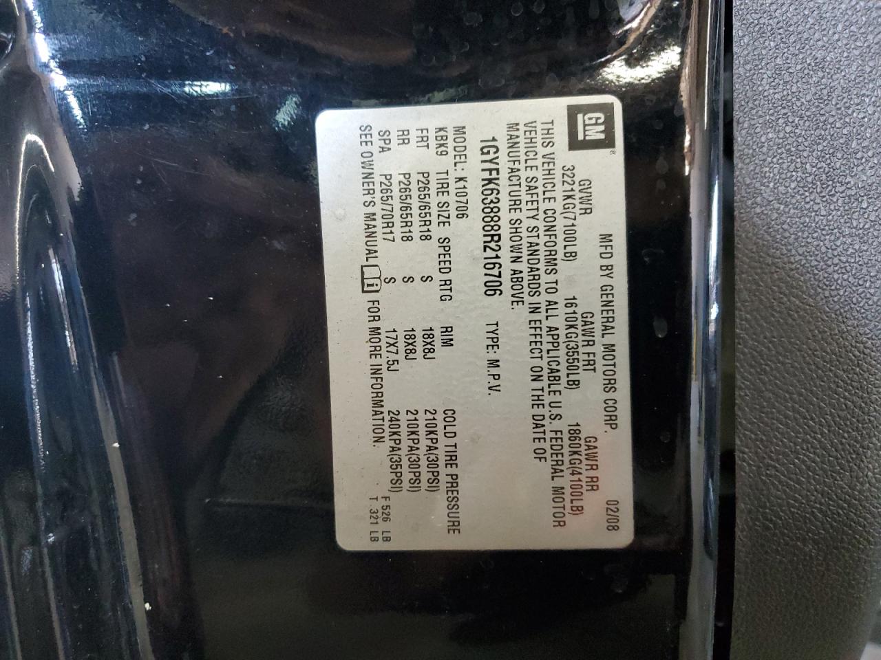 2008 Cadillac Escalade Luxury VIN: 1GYFK63888R216706 Lot: 71682285