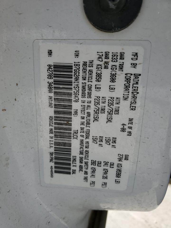 2000 Dodge Dakota Quad VIN: 1B7GG2AN1YS756470 Lot: 84053895