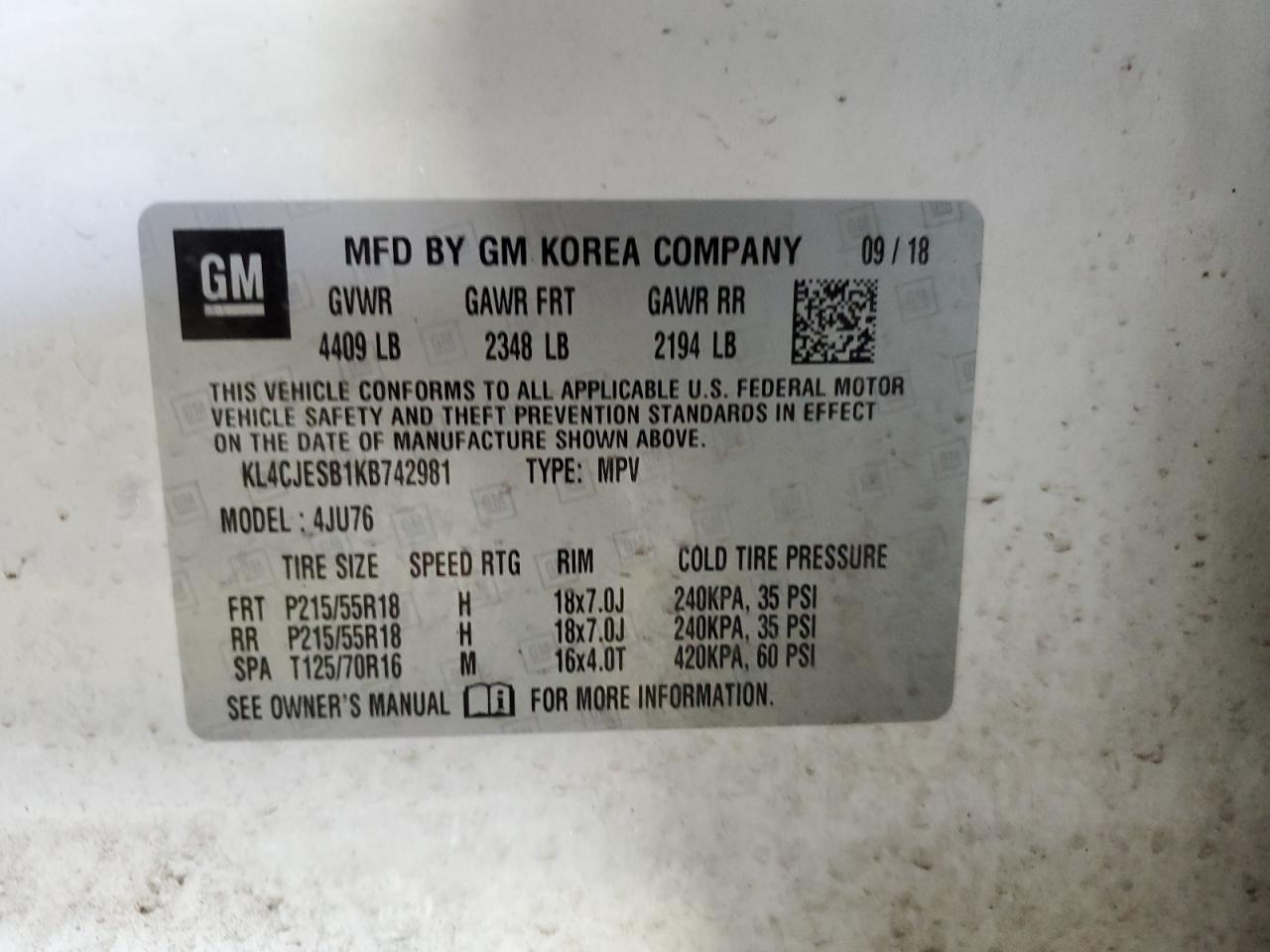 2019 Buick Encore Preferred VIN: KL4CJESB1KB742981 Lot: 80441455