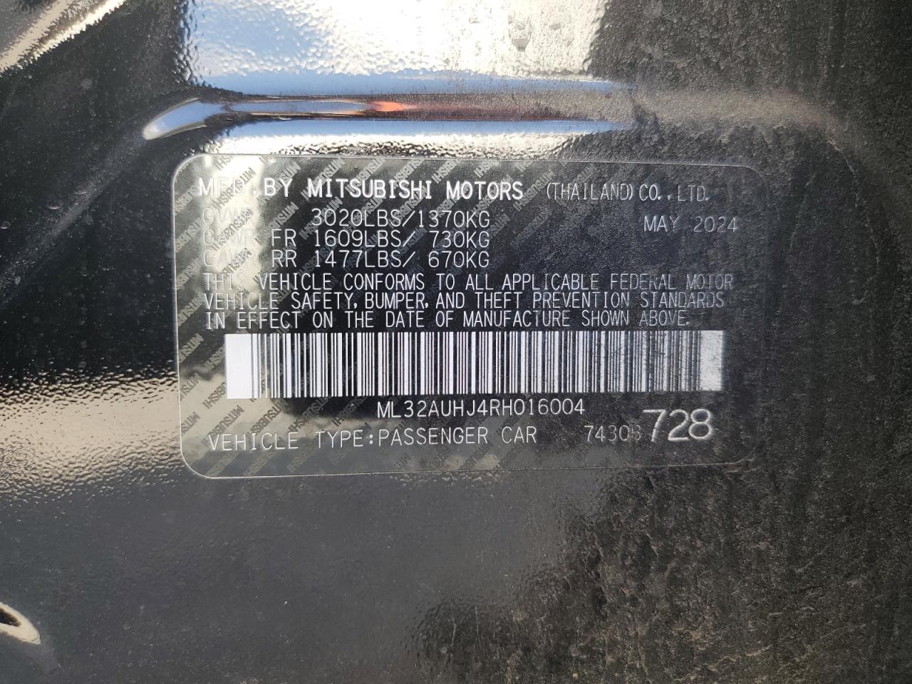 2024 Mitsubishi Mirage Es VIN: ML32AUHJ4RH016004 Lot: 80070055