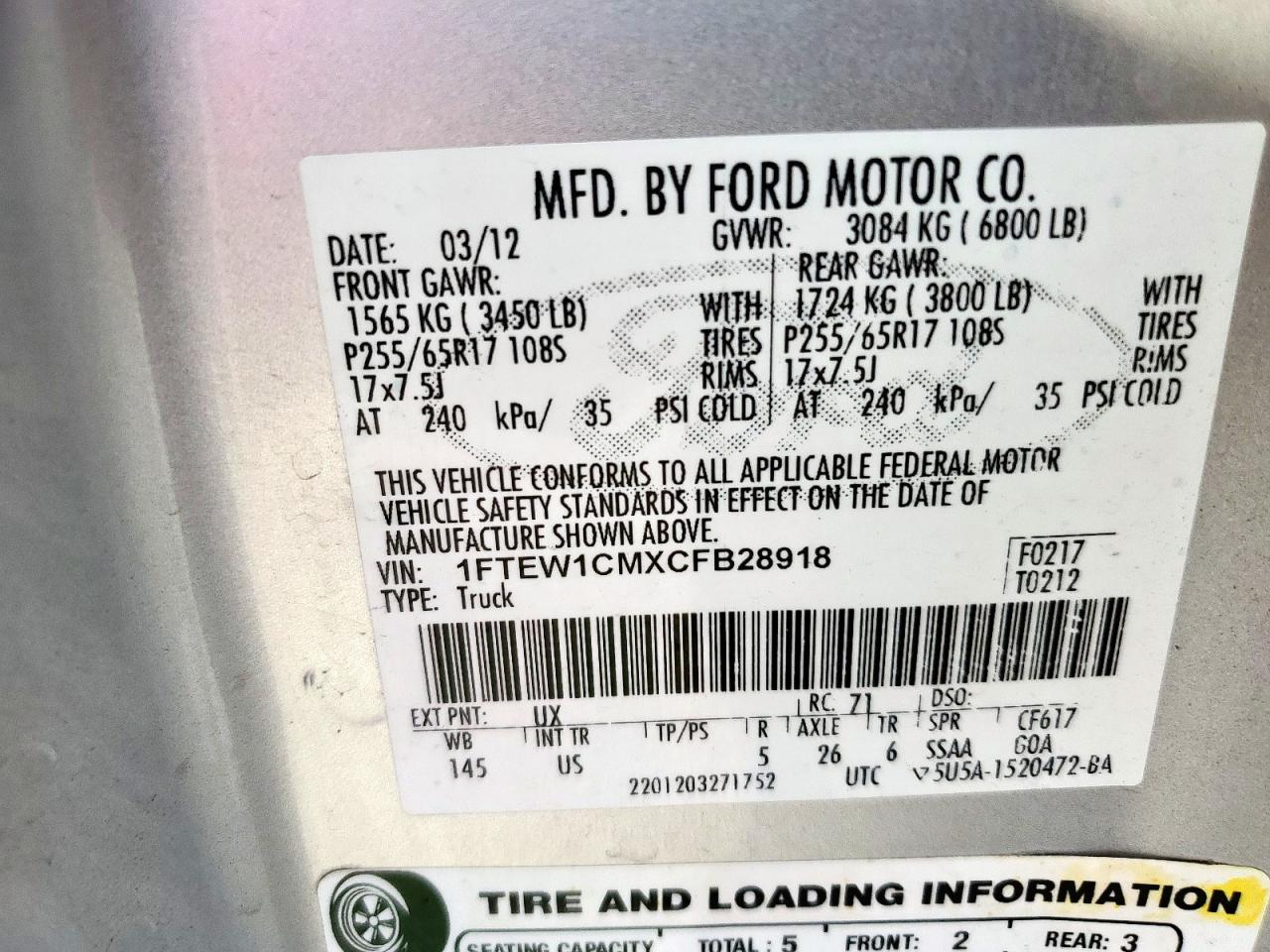 2012 Ford F150 Supercrew VIN: 1FTEW1CMXCFB28918 Lot: 84470885