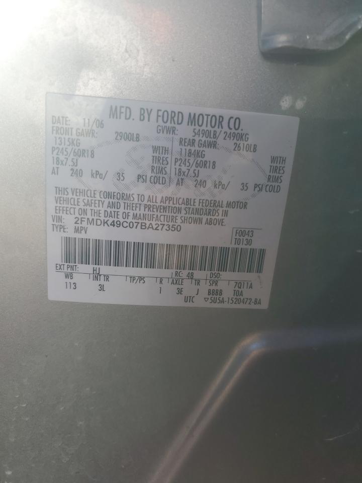 2007 Ford Edge Sel Plus VIN: 2FMDK49C07BA27350 Lot: 83944475