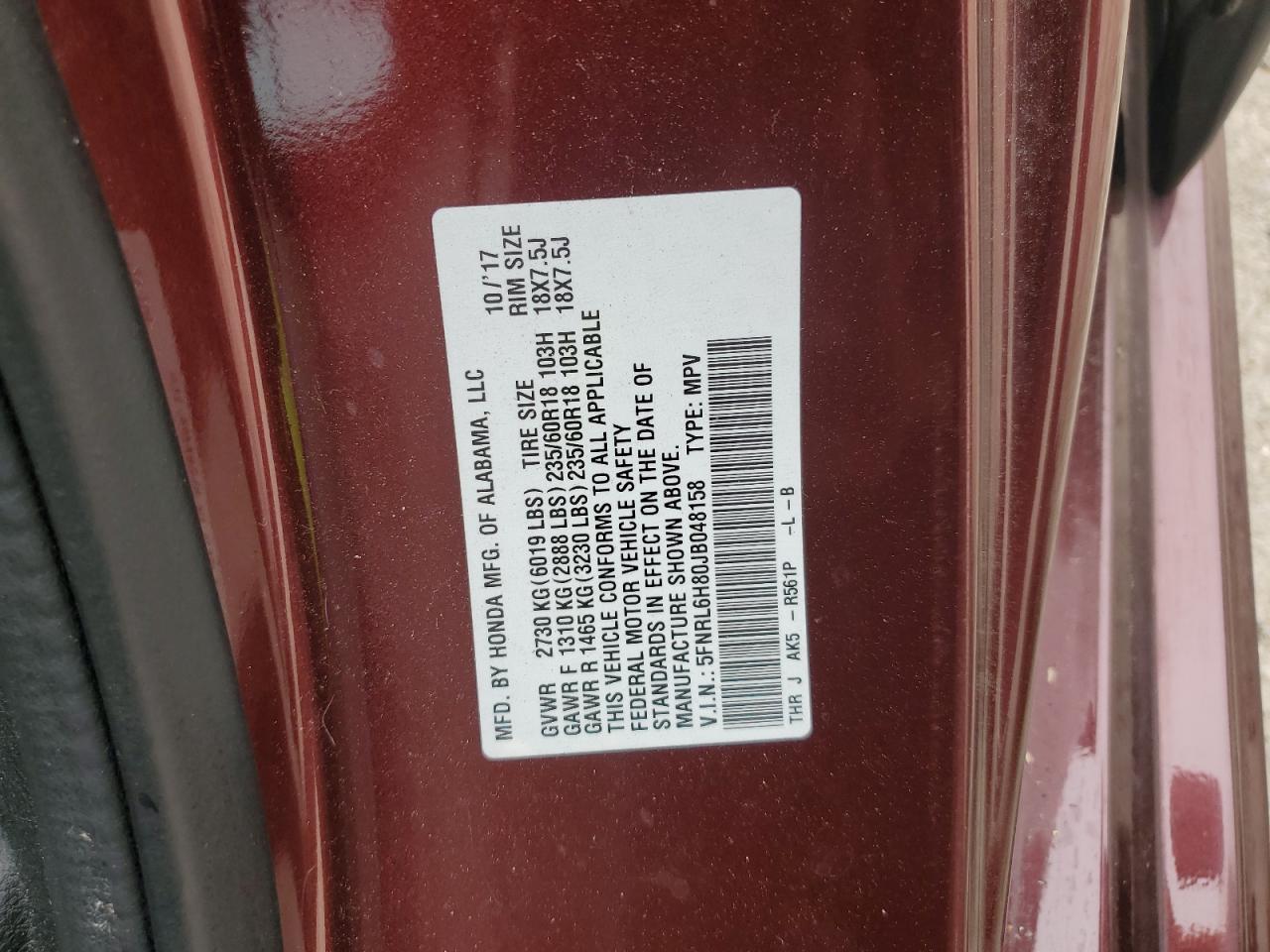 2018 Honda Odyssey Touring VIN: 5FNRL6H80JB048158 Lot: 84539105