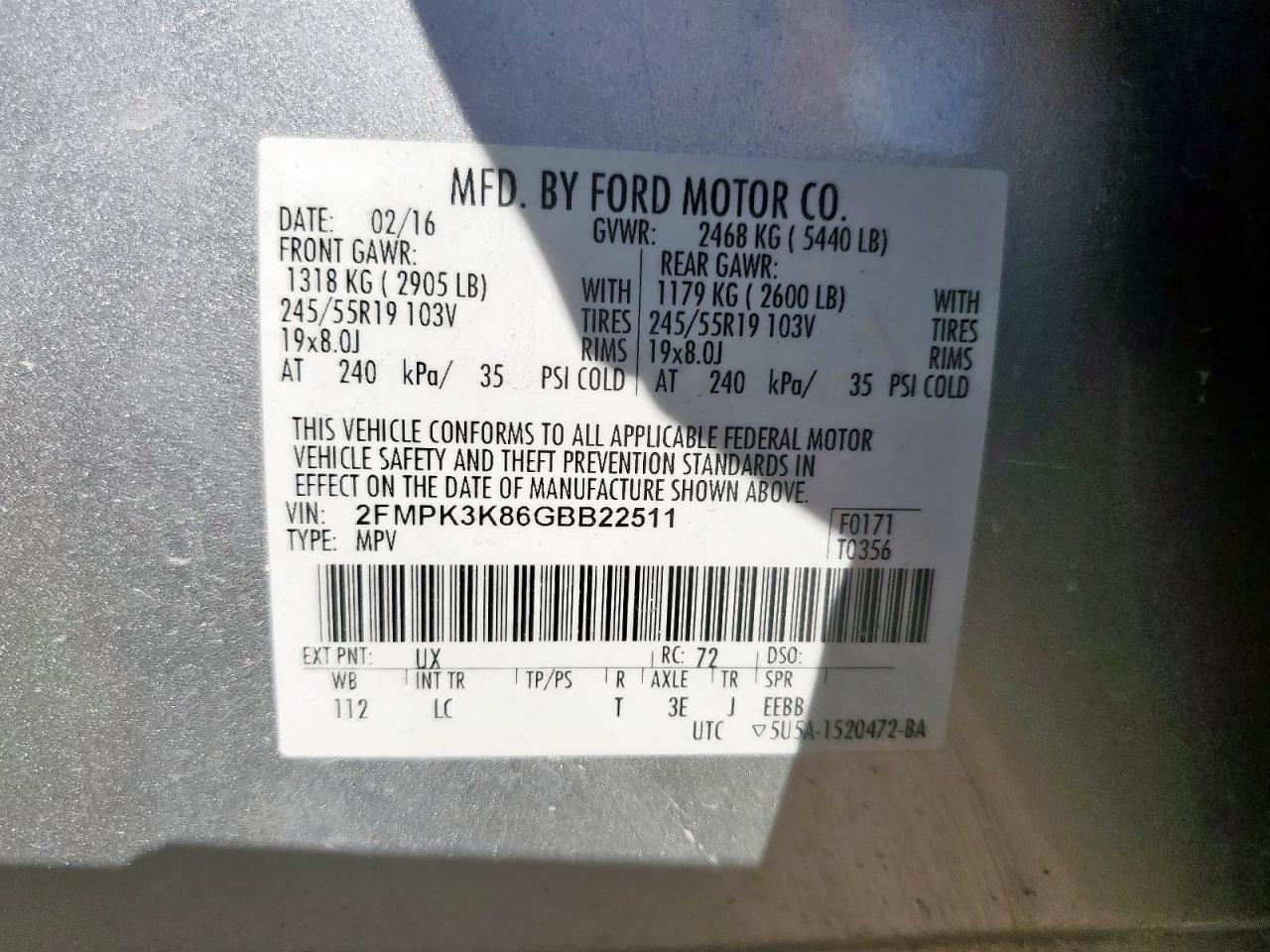 2016 Ford Edge Titanium VIN: 2FMPK3K86GBB22511 Lot: 84030965