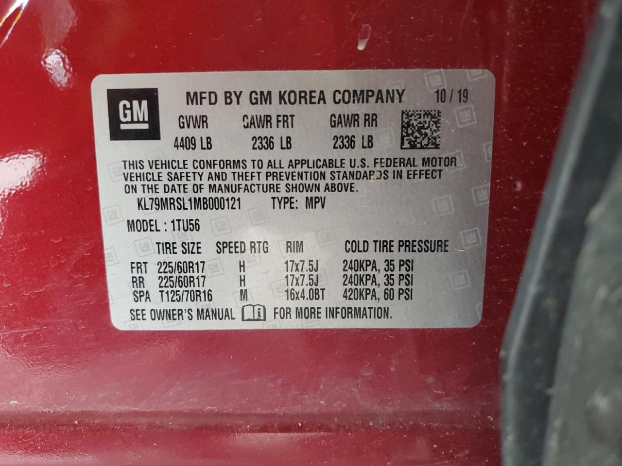 2021 Chevrolet Trailblazer Lt VIN: KL79MRSL1MB000121 Lot: 80875145