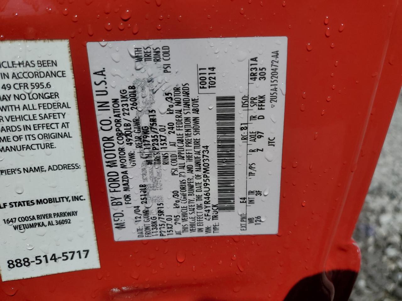 2005 Mazda B3000 Cab Plus VIN: 4F4YR46U95PM03734 Lot: 72022025