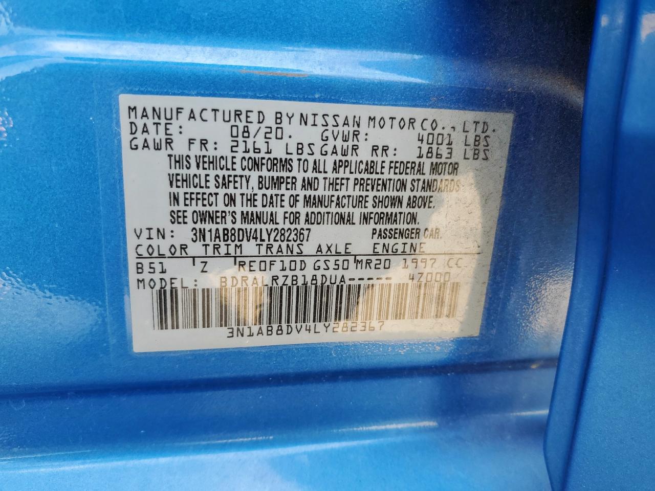 2020 Nissan Sentra Sr VIN: 3N1AB8DV4LY282367 Lot: 80554505