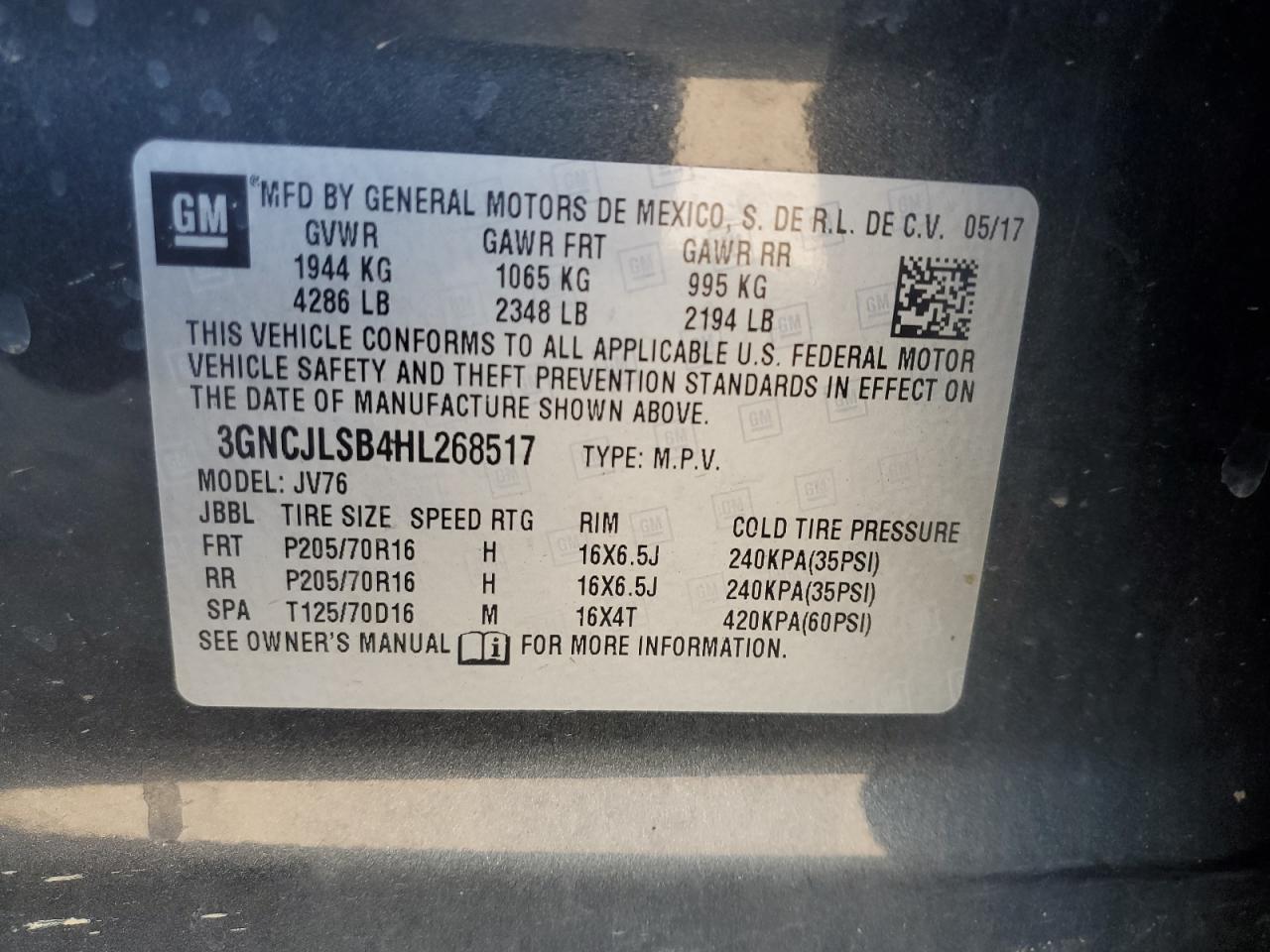 2017 Chevrolet Trax 1Lt VIN: 3GNCJLSB4HL268517 Lot: 84278045