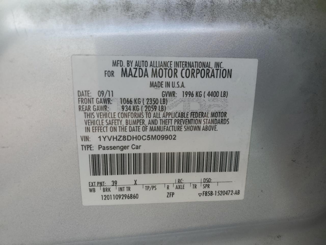 2012 Mazda 6 I VIN: 1YVHZ8DH0C5M09902 Lot: 80612075