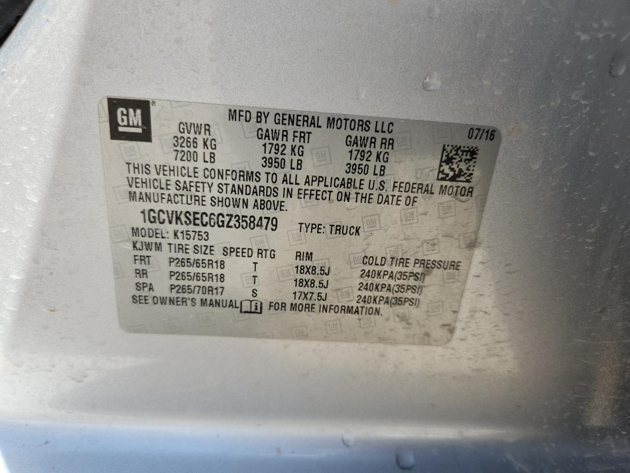 2016 Chevrolet Silverado K1500 Ltz VIN: 1GCVKSEC6GZ358479 Lot: 71310525