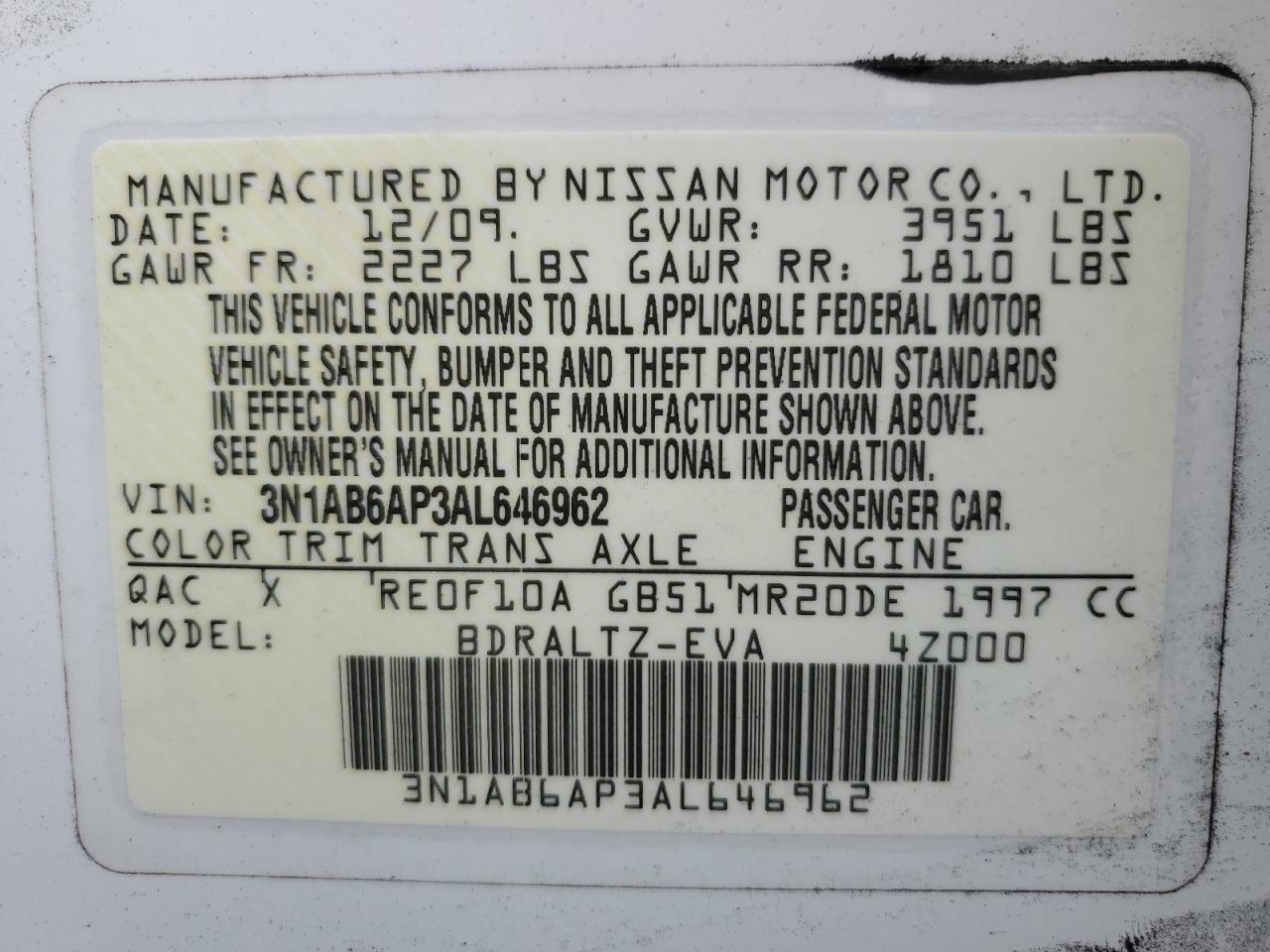 2010 Nissan Sentra 2.0 VIN: 3N1AB6AP3AL646962 Lot: 81111295