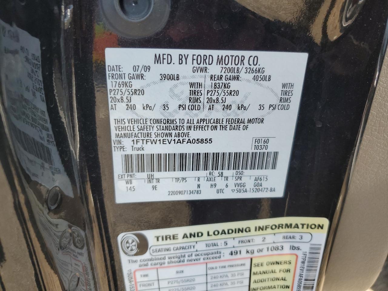 2010 Ford F150 Supercrew VIN: 1FTFW1EV1AFA05855 Lot: 81936865