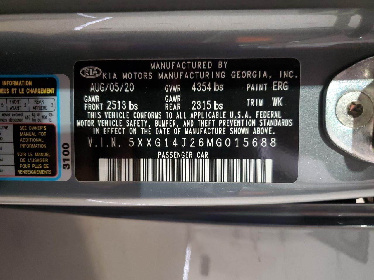 2021 Kia K5 Lxs VIN: 5XXG14J26MG015688 Lot: 81750475