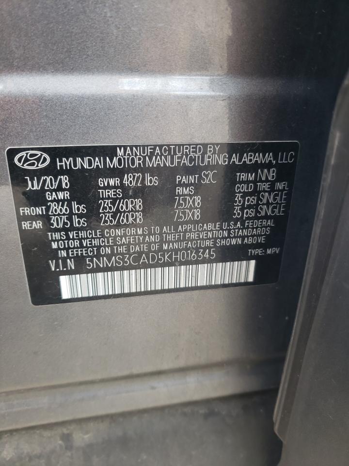 2019 Hyundai Santa Fe Sel VIN: 5NMS3CAD5KH016345 Lot: 84400965