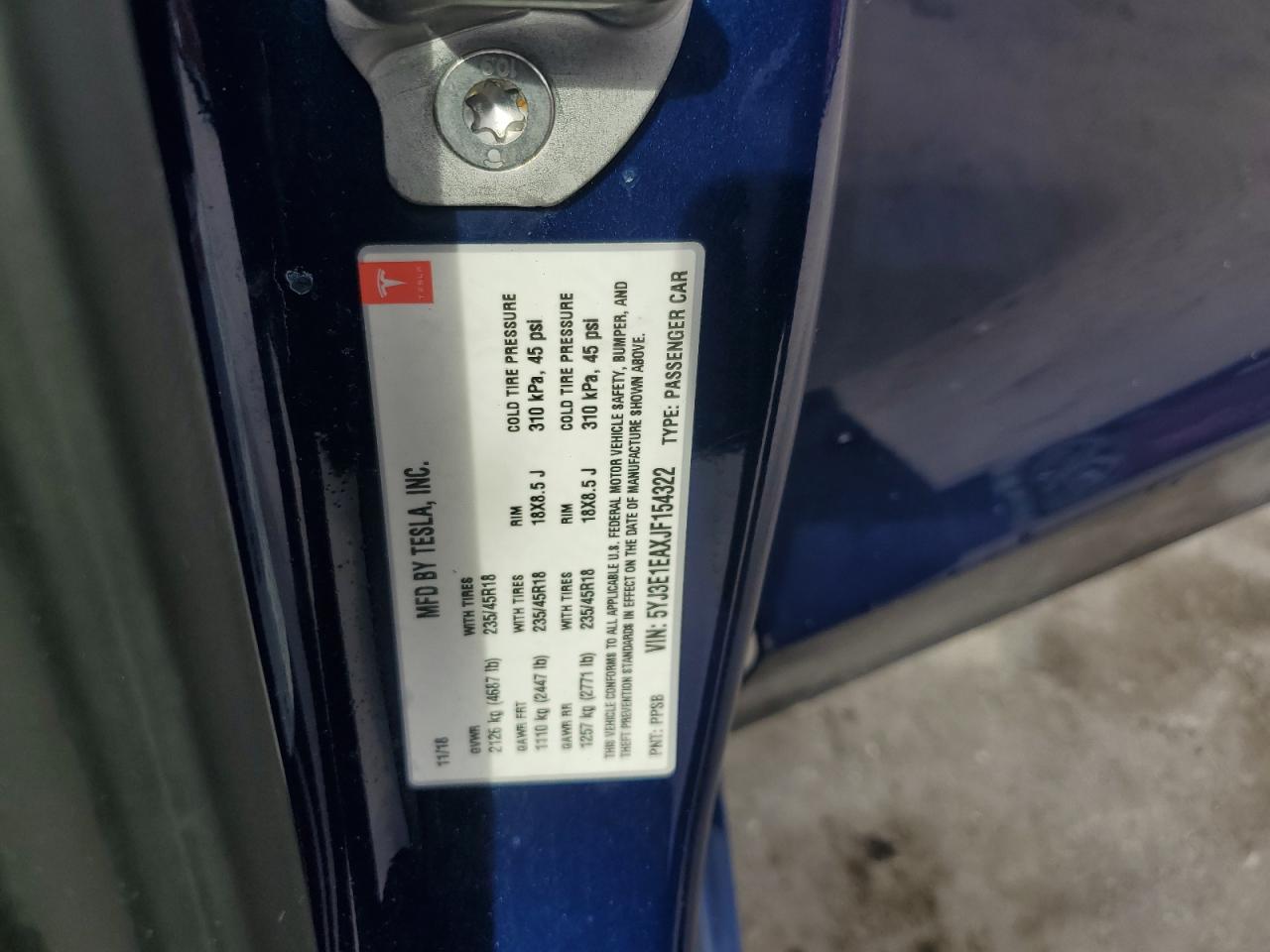 2018 Tesla Model 3 VIN: 5YJ3E1EAXJF154322 Lot: 80615005