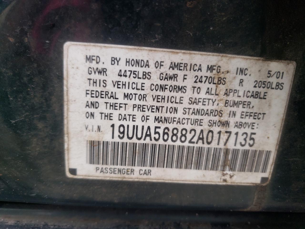 2002 Acura 3.2Tl Type-S VIN: 19UUA56882A017135 Lot: 80964945