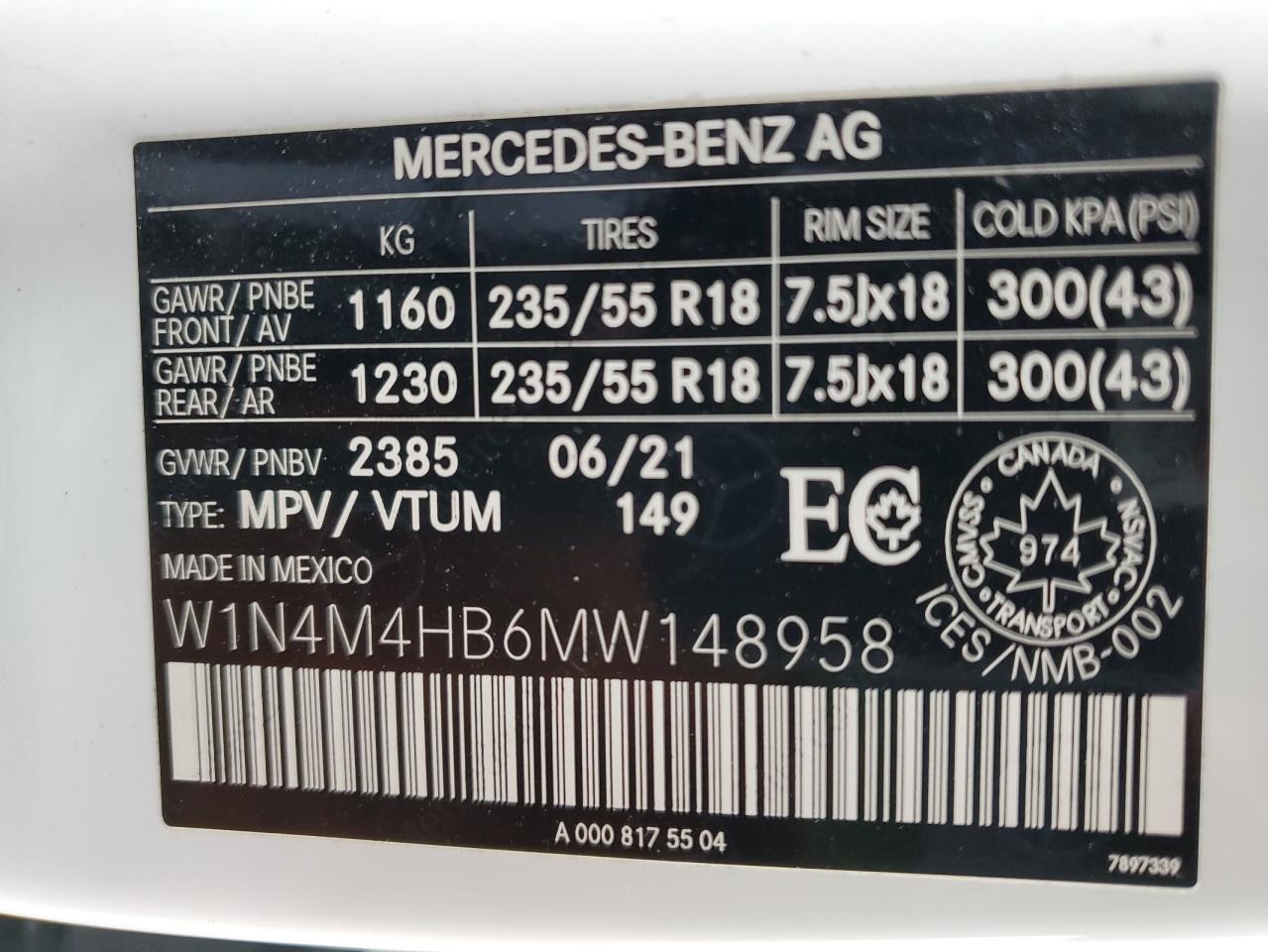 2021 Mercedes-Benz Glb 250 4Matic VIN: W1N4M4HB6MW148958 Lot: 84806305