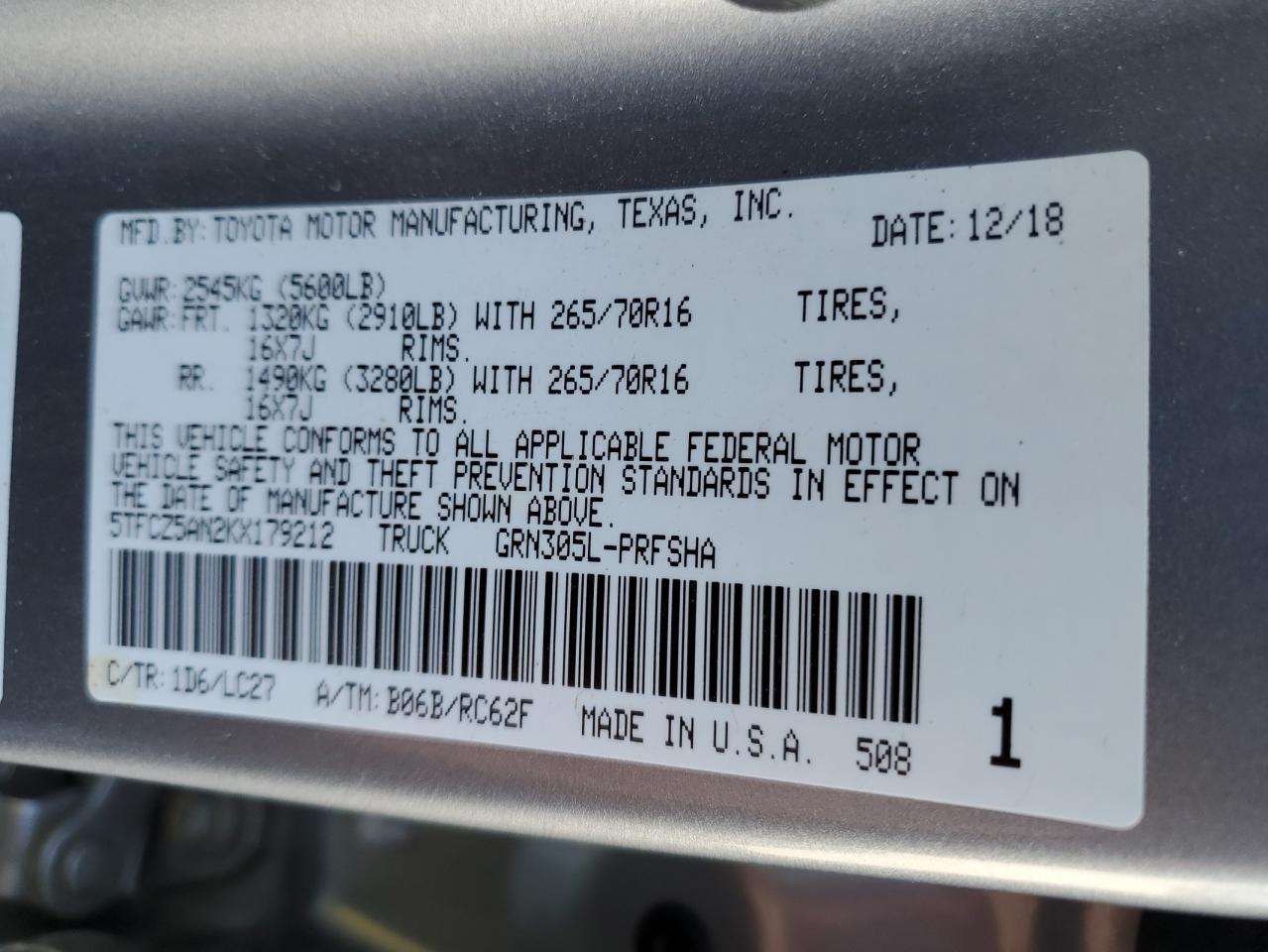 2019 Toyota Tacoma Double Cab VIN: 5TFCZ5AN2KX179212 Lot: 70956915