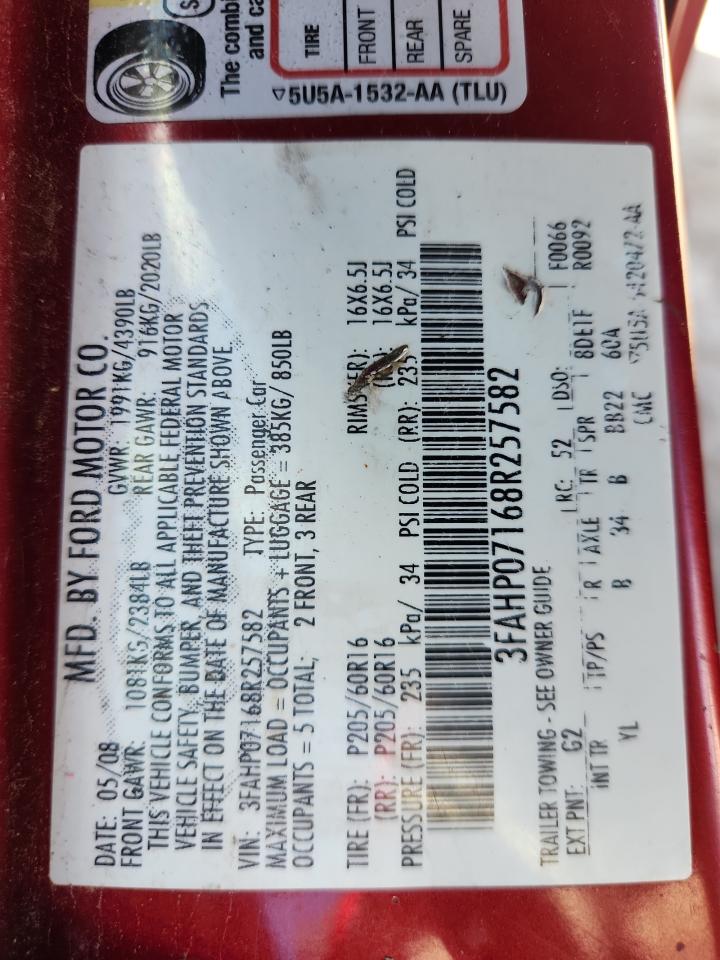 2008 Ford Fusion Se VIN: 3FAHP07168R257582 Lot: 80673585