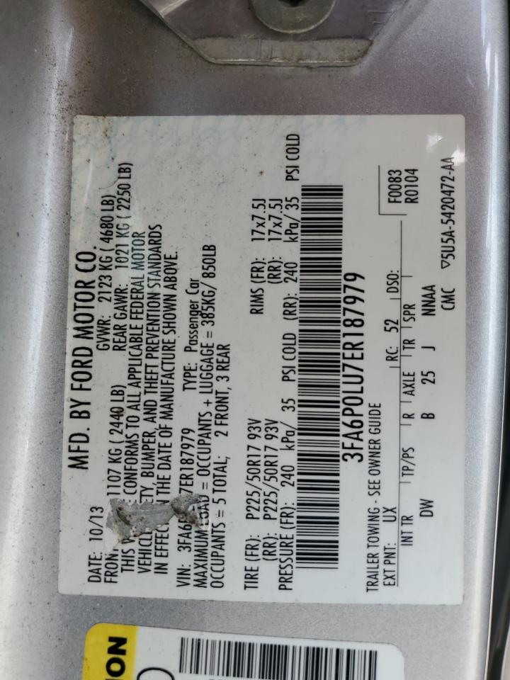 2014 Ford Fusion Se Hybrid VIN: 3FA6P0LU7ER187979 Lot: 71189015