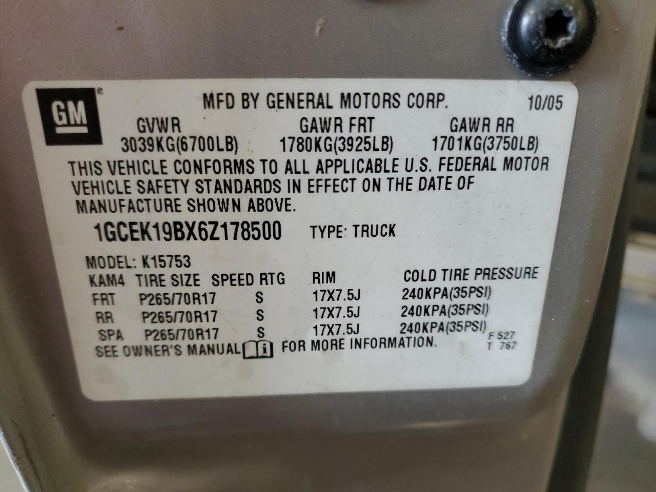 2006 Chevrolet Silverado K1500 VIN: 1GCEK19BX6Z178500 Lot: 81948995