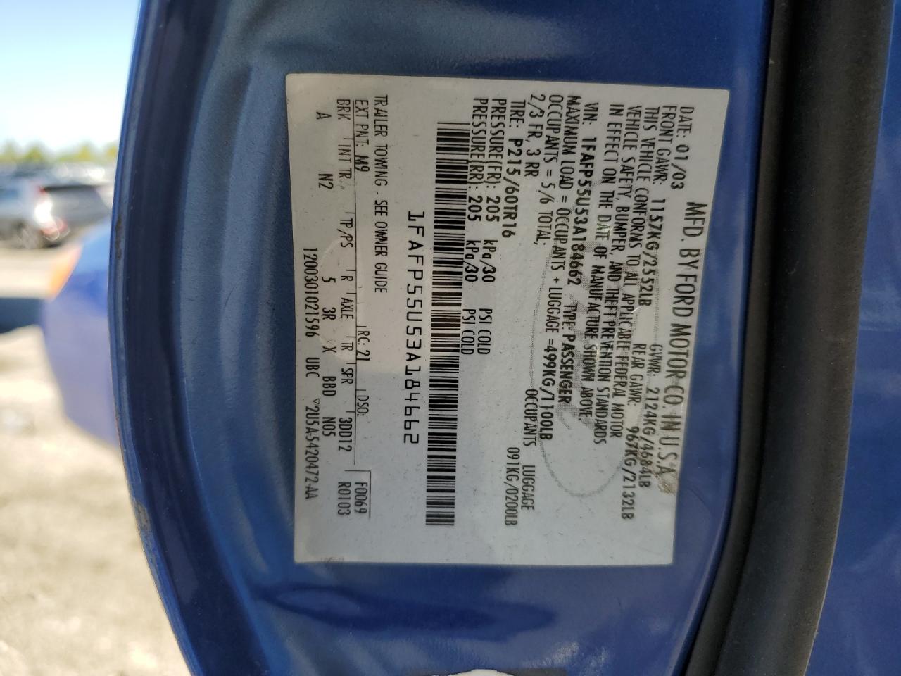 2003 Ford Taurus Ses VIN: 1FAFP55U53A184662 Lot: 80554545