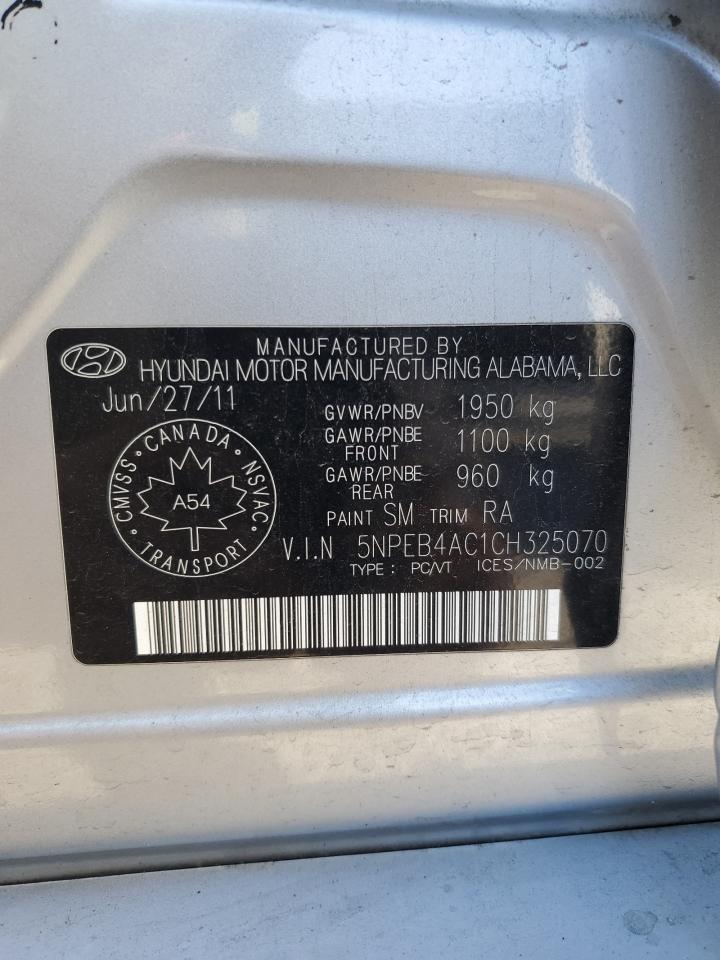 2012 Hyundai Sonata Gls VIN: 5NPEB4AC1CH325070 Lot: 81574395