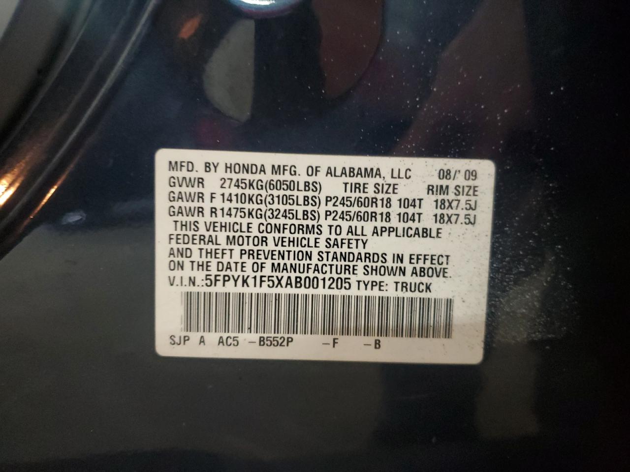 2010 Honda Ridgeline Rtl VIN: 5FPYK1F5XAB001205 Lot: 82026825