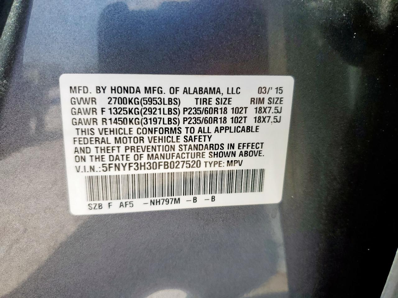 2015 Honda Pilot Se VIN: 5FNYF3H30FB027520 Lot: 80857235