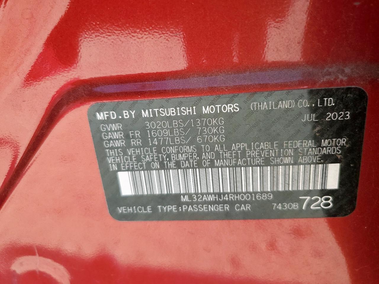 2024 Mitsubishi Mirage Se VIN: ML32AWHJ4RH001689 Lot: 81909195