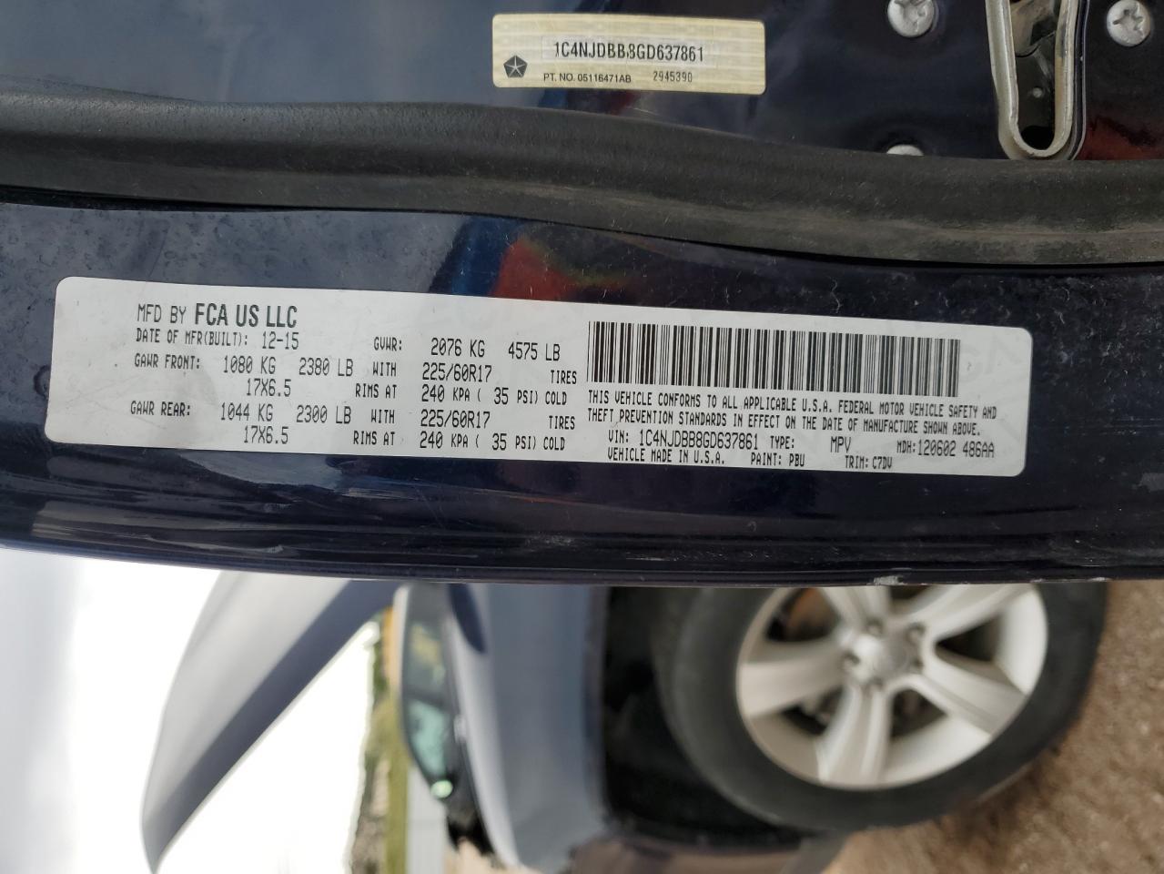 2016 Jeep Compass Sport VIN: 1C4NJDBB8GD637861 Lot: 81291225