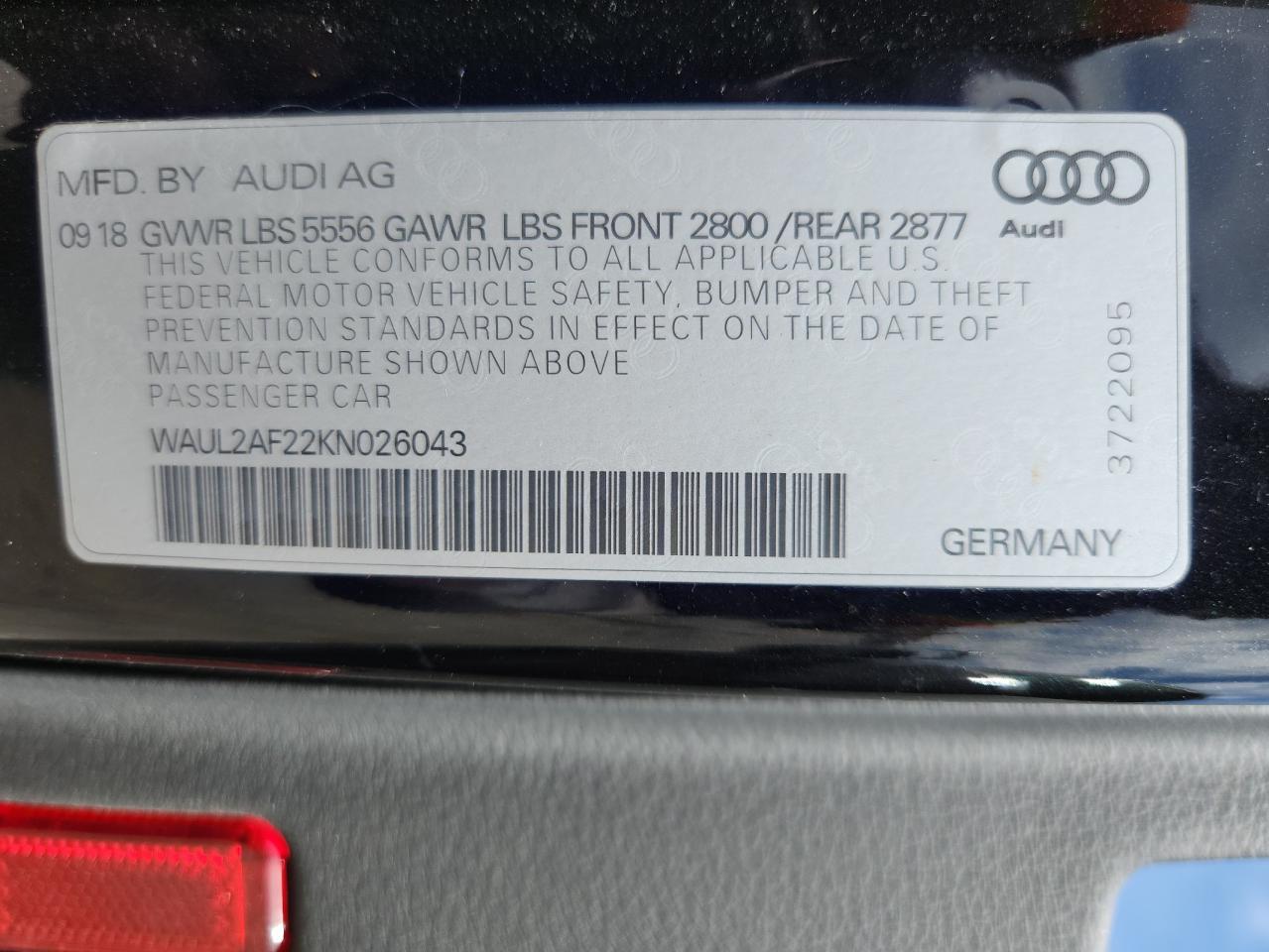 2019 Audi A6 Premium Plus VIN: WAUL2AF22KN026043 Lot: 81348635