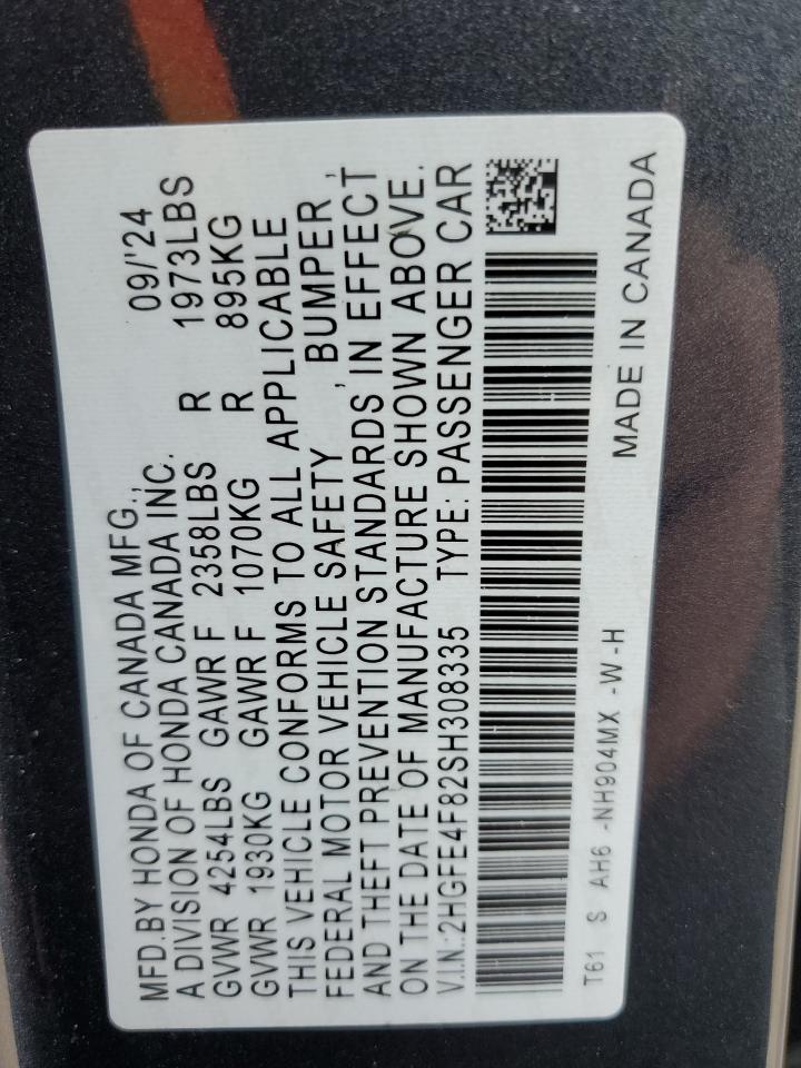 2025 Honda Civic Sport VIN: 2HGFE4F82SH308335 Lot: 84299535