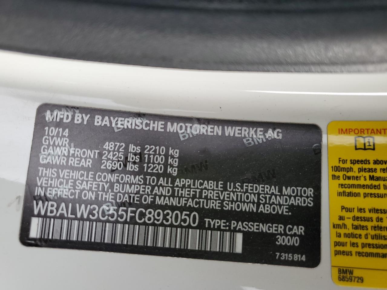 2015 BMW 640 I VIN: WBALW3C55FC893050 Lot: 84015005