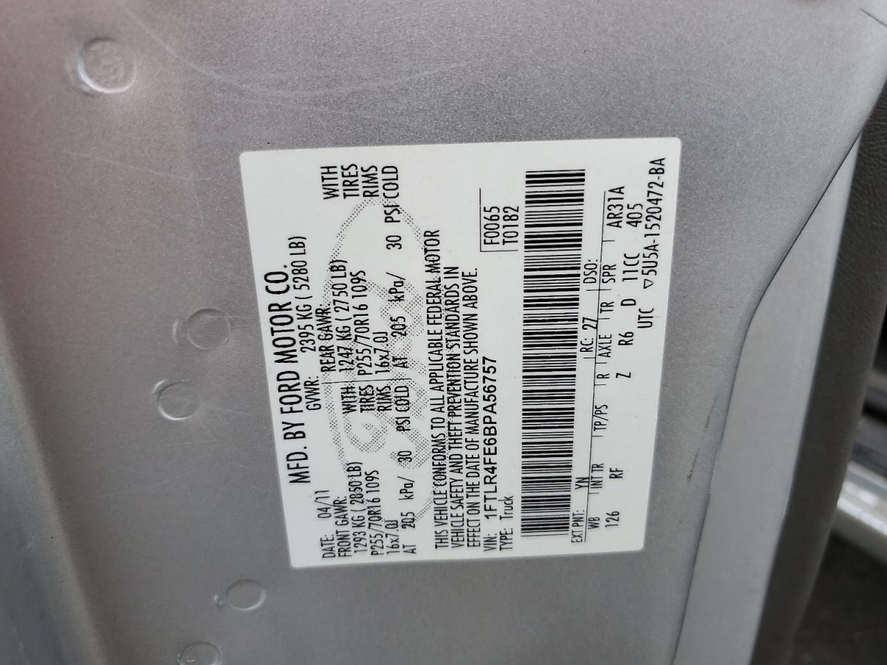 2011 Ford Ranger Super Cab VIN: 1FTLR4FE6BPA56757 Lot: 81767855