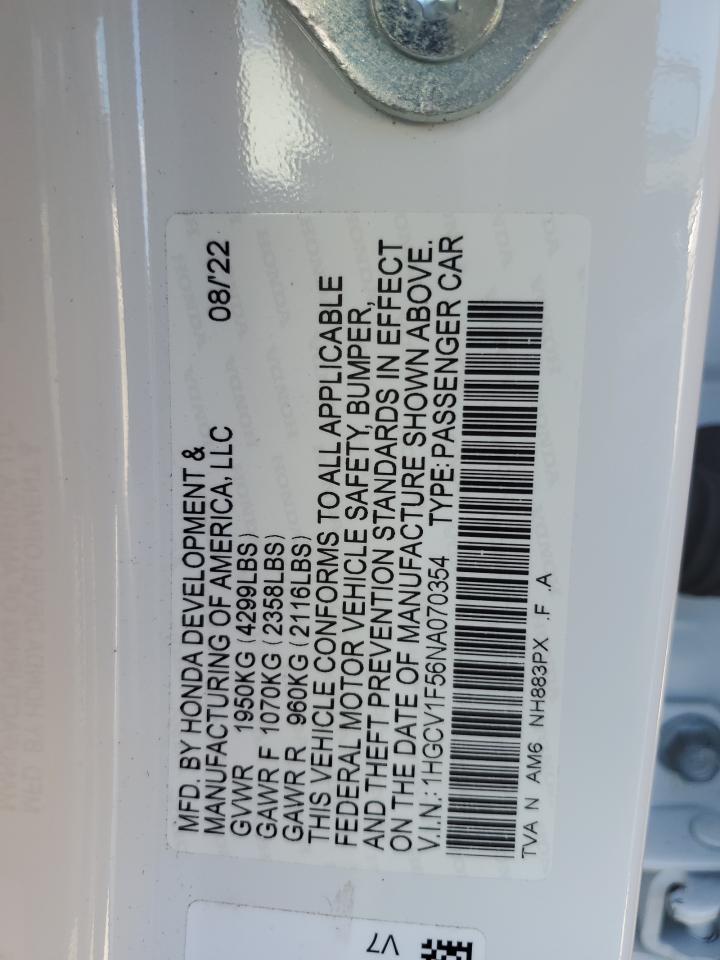 2022 Honda Accord Exl VIN: 1HGCV1F56NA070354 Lot: 71074875