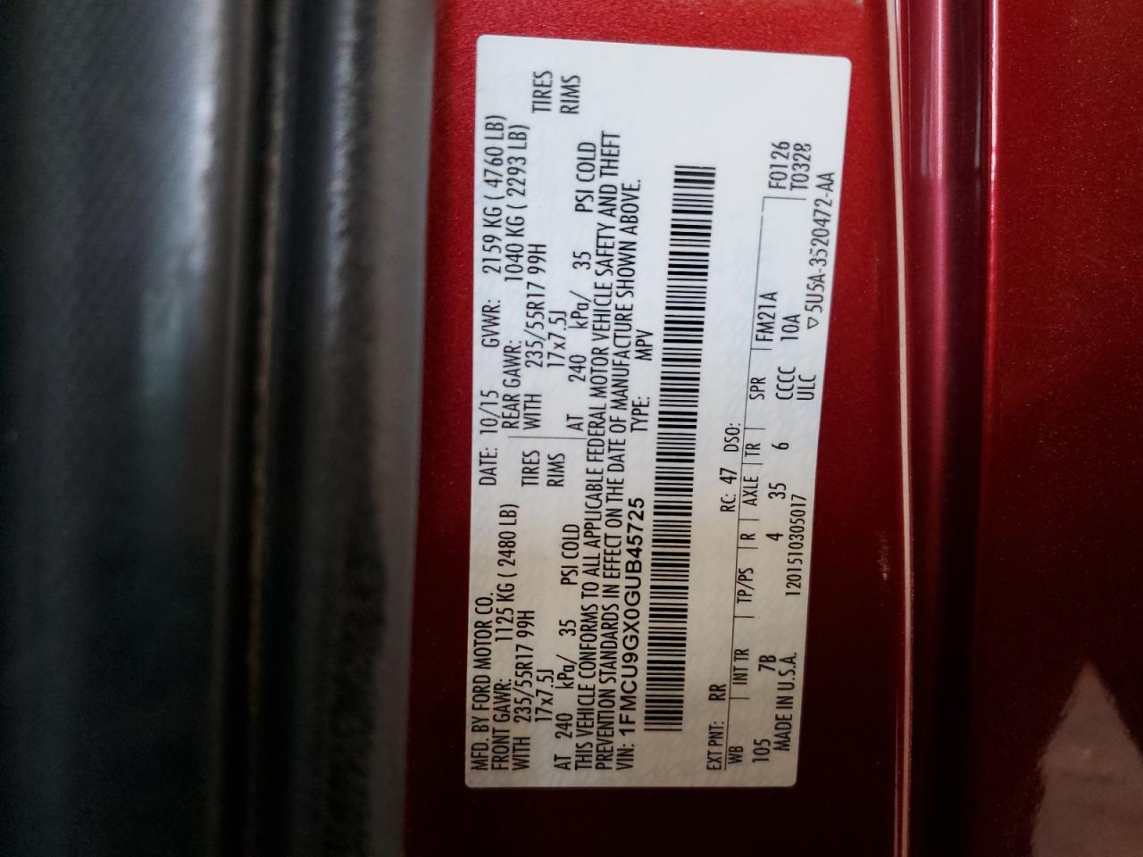 2016 Ford Escape Se VIN: 1FMCU9GX0GUB45725 Lot: 80571785