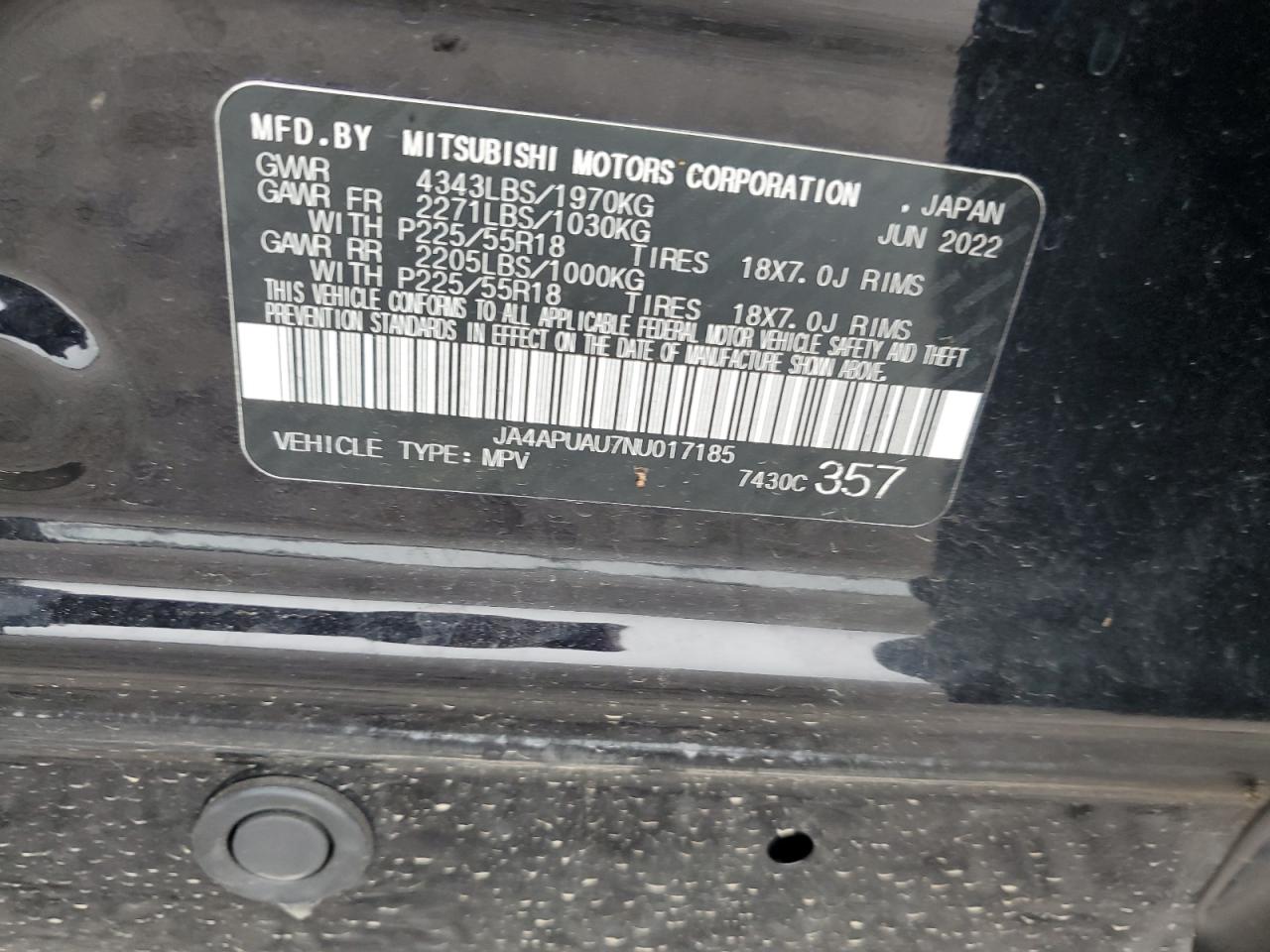 2022 Mitsubishi Outlander Sport Es VIN: JA4APUAU7NU017185 Lot: 84184045