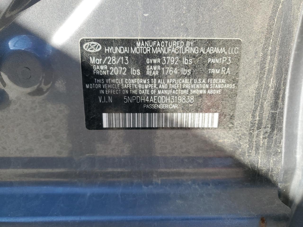 2013 Hyundai Elantra Gls VIN: 5NPDH4AE0DH319838 Lot: 80080405