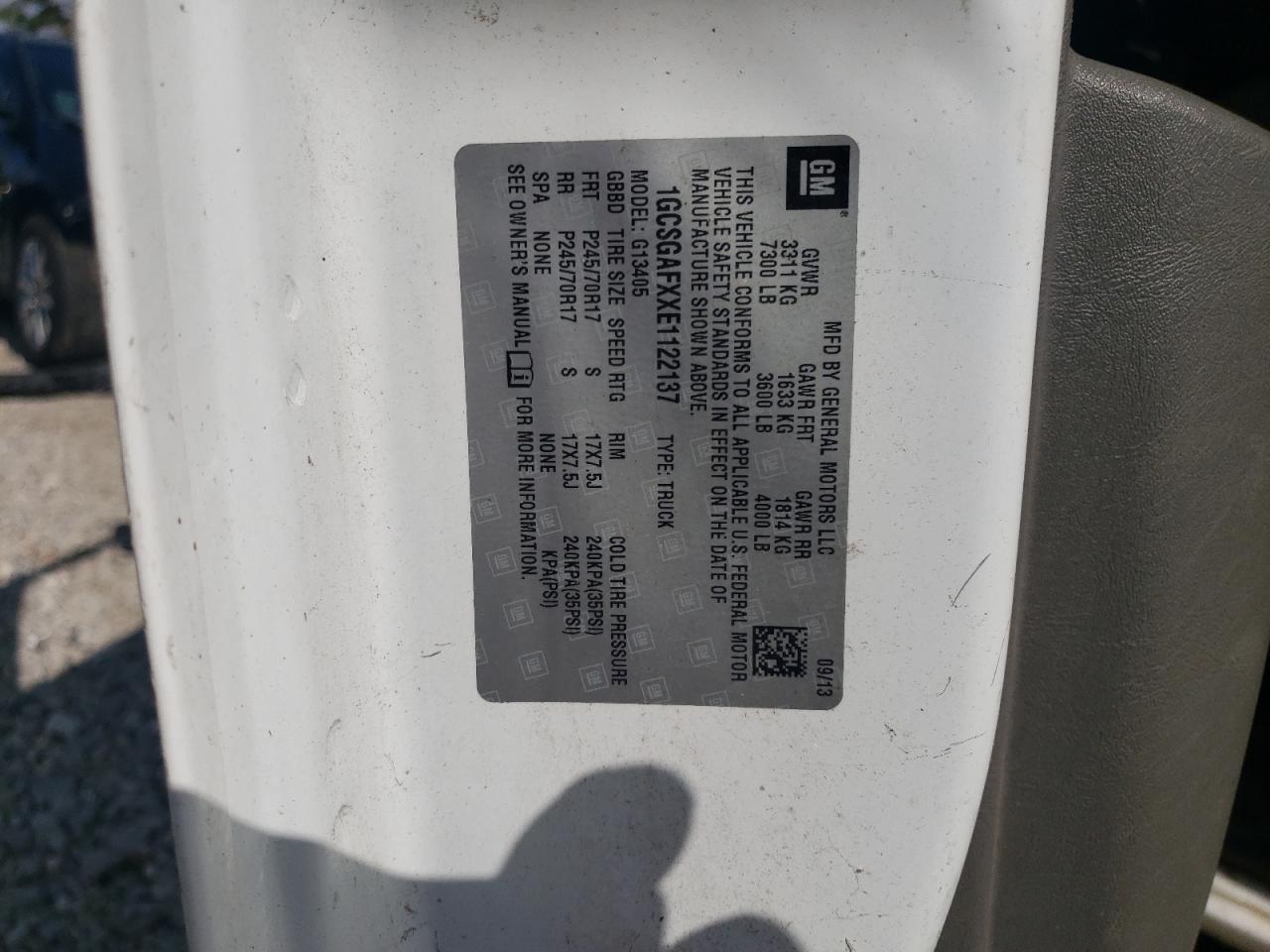 2014 Chevrolet Express G1500 VIN: 1GCSGAFXXE1122137 Lot: 84552985