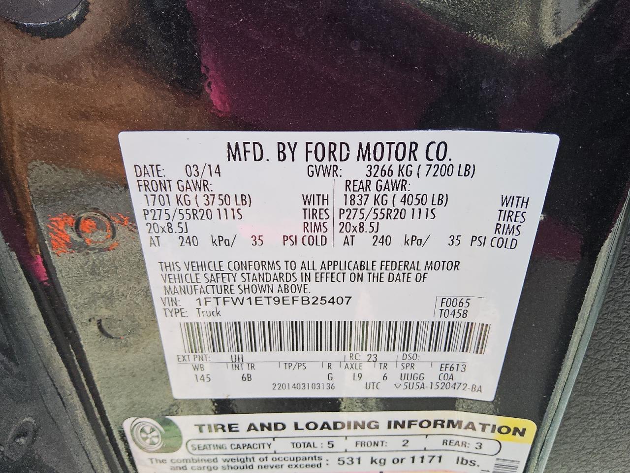 2014 Ford F150 Supercrew VIN: 1FTFW1ET9EFB25407 Lot: 81390025