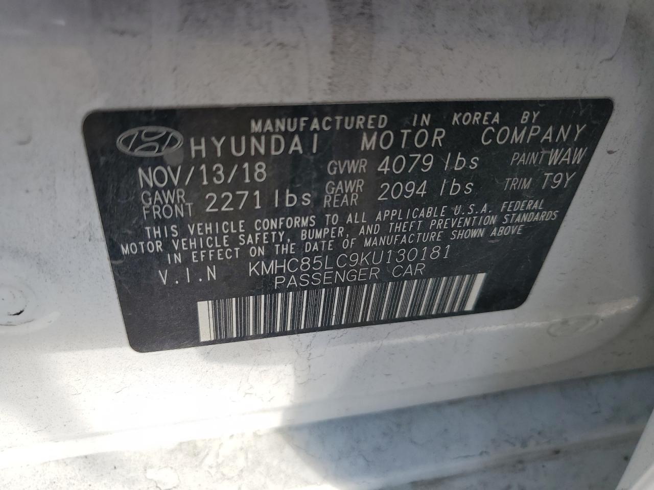 2019 Hyundai Ioniq Limited VIN: KMHC85LC9KU130181 Lot: 80008155