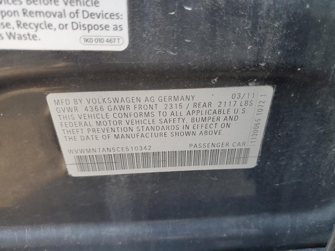 2012 Volkswagen Cc Sport VIN: WVWMN7AN5CE510342 Lot: 81162755