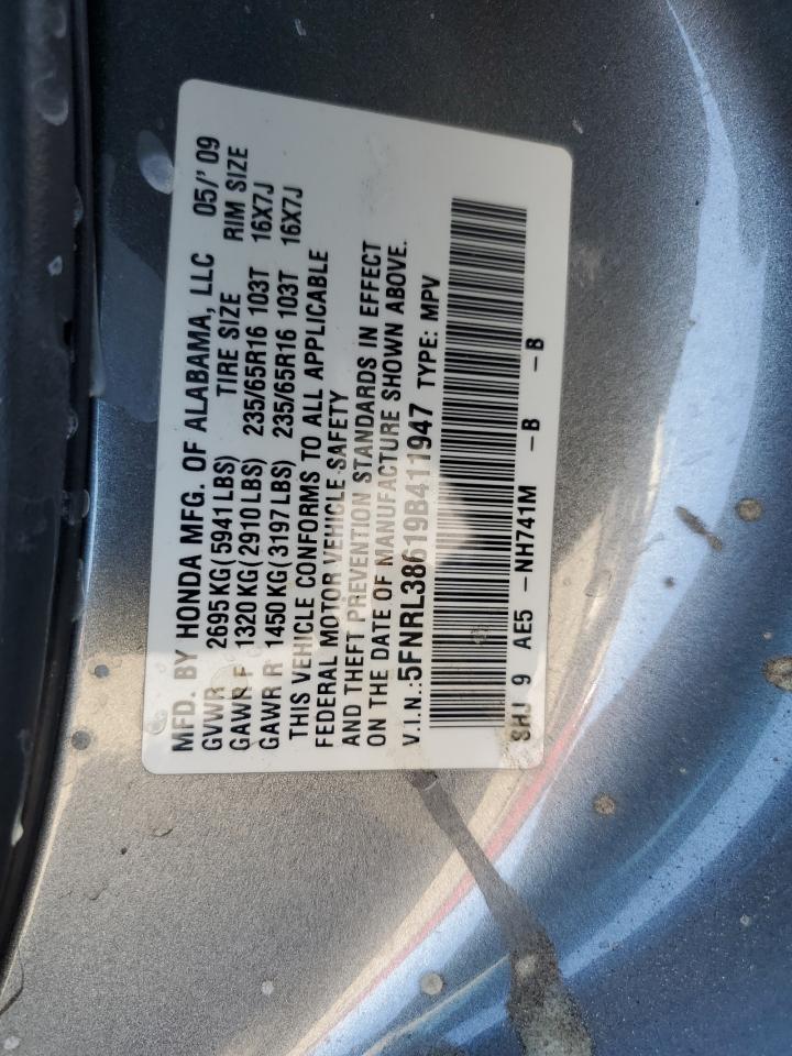 2009 Honda Odyssey Exl VIN: 5FNRL38619B411947 Lot: 82172045