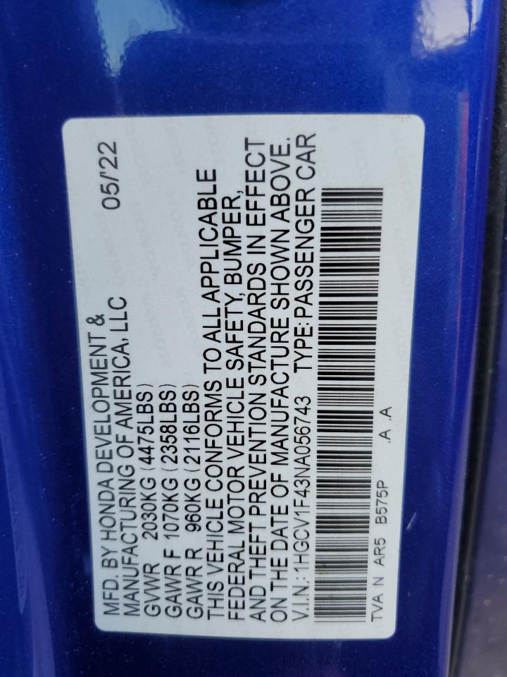 2022 Honda Accord Sport Se VIN: 1HGCV1F43NA056743 Lot: 81429595