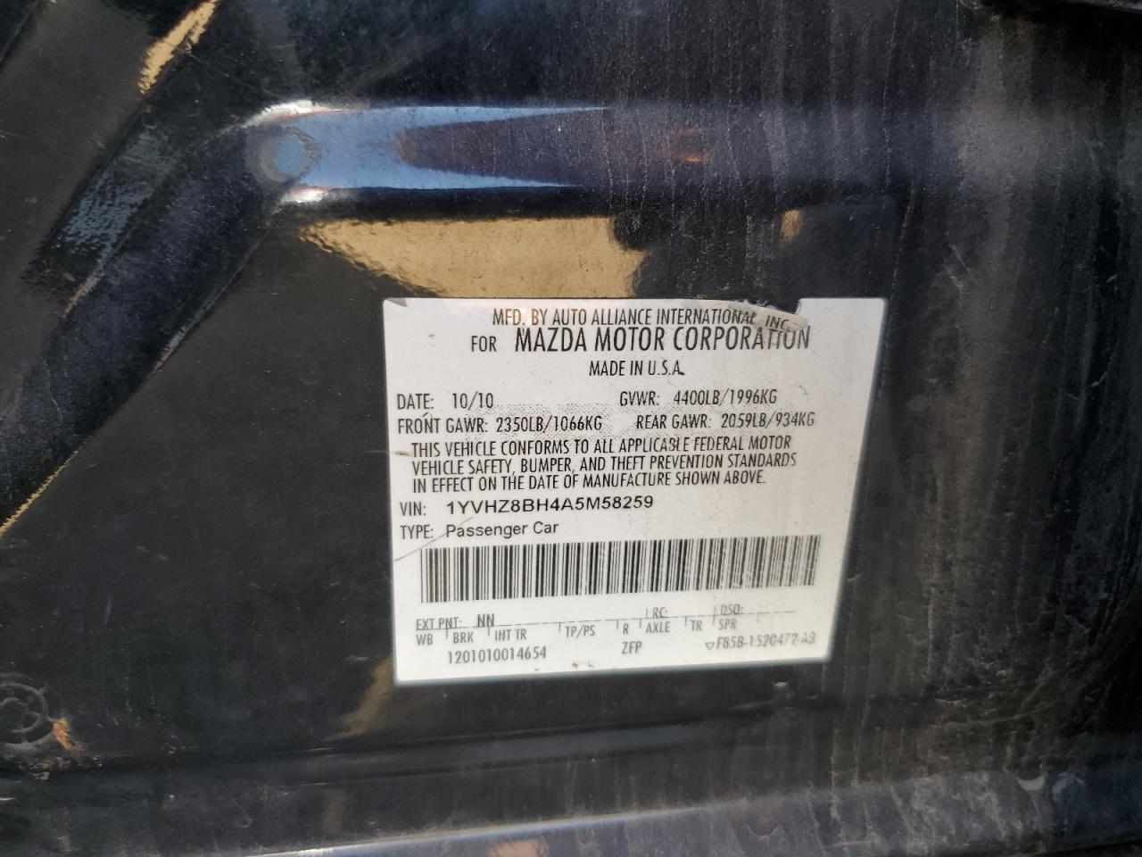 2010 Mazda 6 I VIN: 1YVHZ8BH4A5M58259 Lot: 81913035