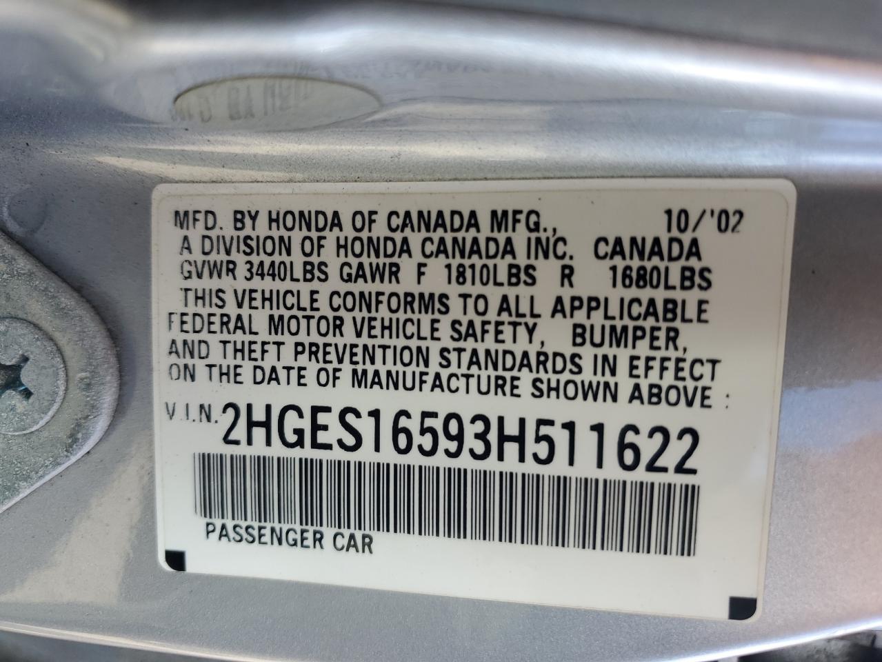 2003 Honda Civic Lx VIN: 2HGES16593H511622 Lot: 84413365