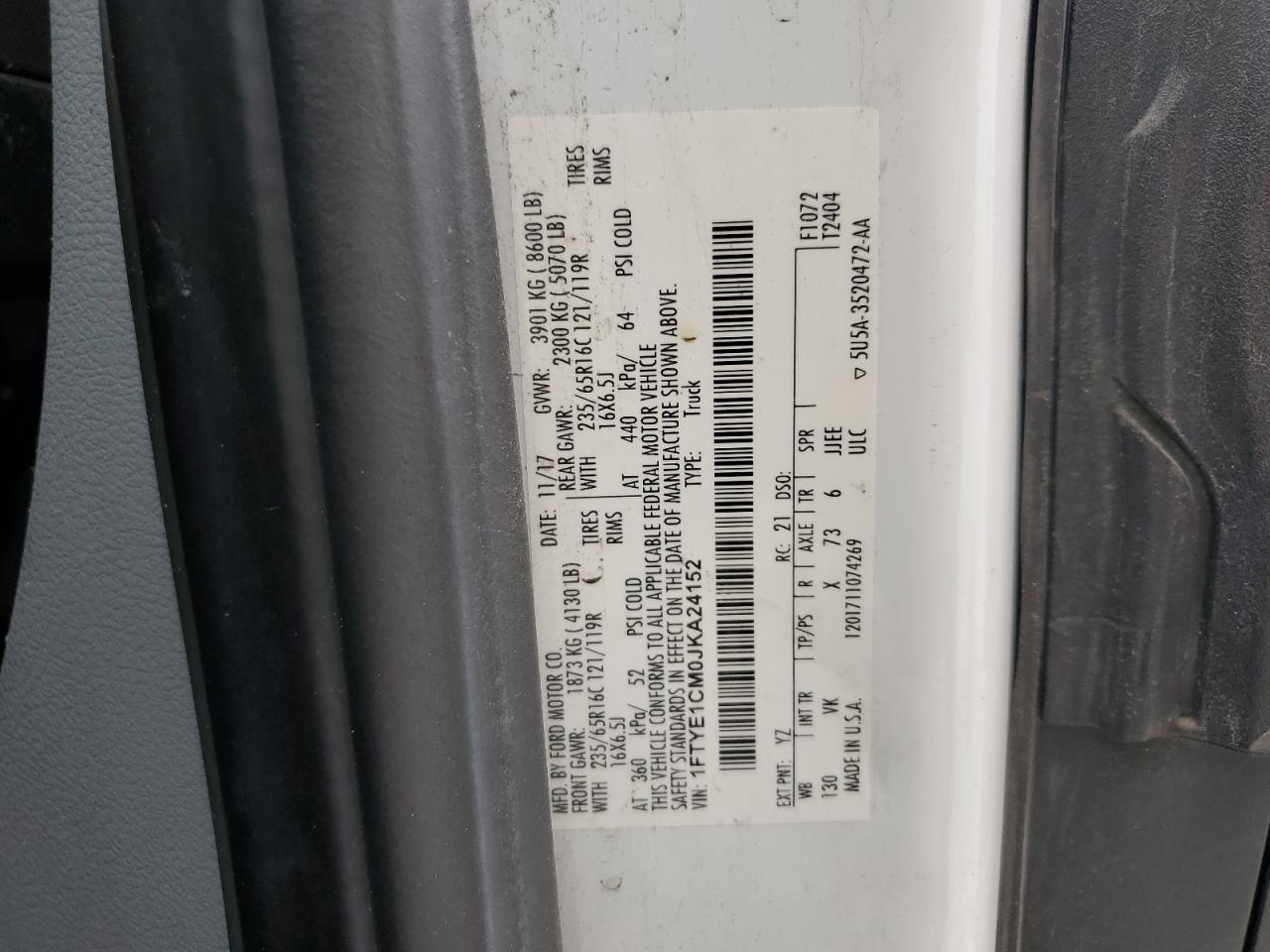 2018 Ford Transit T-150 VIN: 1FTYE1CM0JKA24152 Lot: 83784375