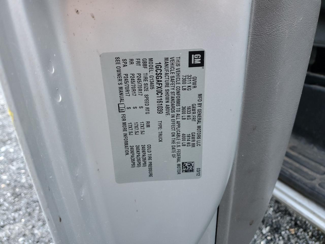 2012 Chevrolet Express G1500 VIN: 1GCSGAFX0C1161039 Lot: 71180255