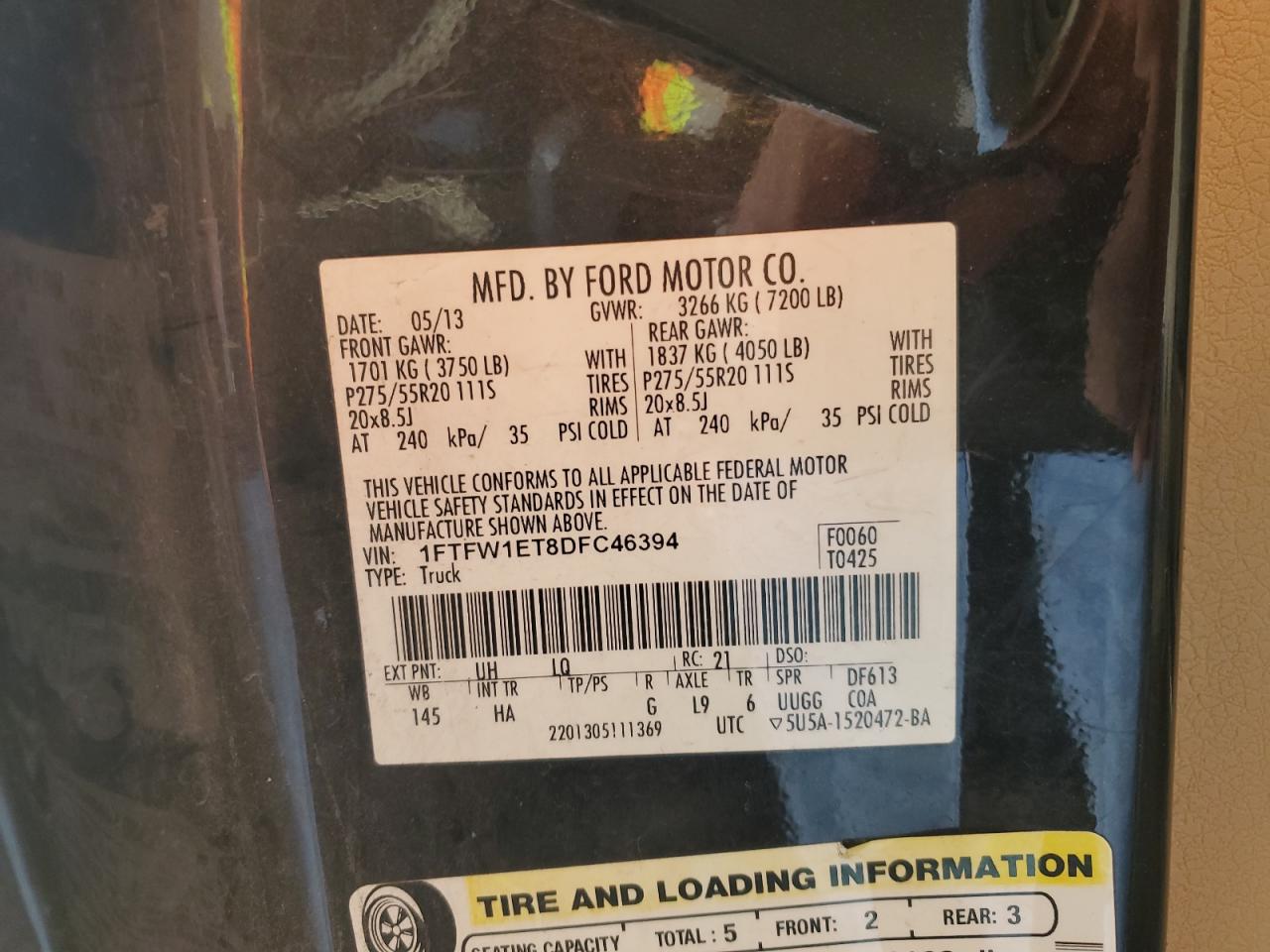 2013 Ford F150 Supercrew VIN: 1FTFW1ET8DFC46394 Lot: 71851905